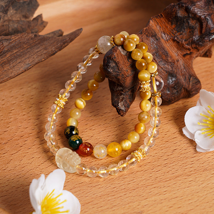 Golden Tiger Eye + Rutilated Quartz + Pi Yao + 5-Way Wealth Gods Bracelet - Ultimate Wealth Magnet & Business Success Shield