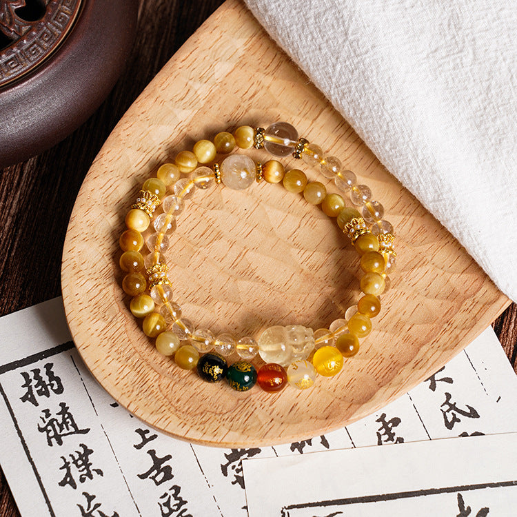 Golden Tiger Eye + Rutilated Quartz + Pi Yao + 5-Way Wealth Gods Bracelet - Ultimate Wealth Magnet & Business Success Shield
